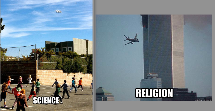 The meme is a split-image comparison of two scenes. The top image shows a group of children playing in a school yard, with a plane flying overhead. The bottom image shows the same scene, but with the plane replaced by a giant, fire-breathing dragon. The text "Science" is overlaid on the top image, while "Religion" is overlaid on the bottom image.